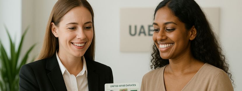 Professional hands over UAE visa to smiling businesswoman