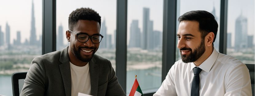 Two professionals reviewing offshore business documents