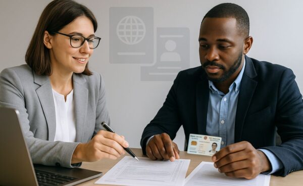 Visa consultant and Black male client reviewing Emirates ID and documents in modern UAE office