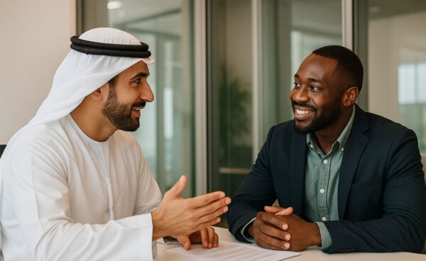Entrepreneur and UAE official discussing business documents in a licensing office