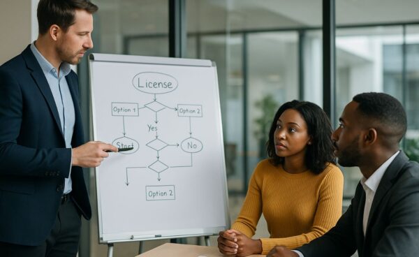 Business consultant explaining licensing options to clients in a UAE office