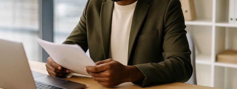 Focused entrepreneur reviewing setup documents in a modern UAE office