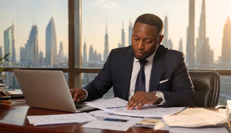 Banker reviewing bank application document A banker reviewing a UAE bank application document in 2026