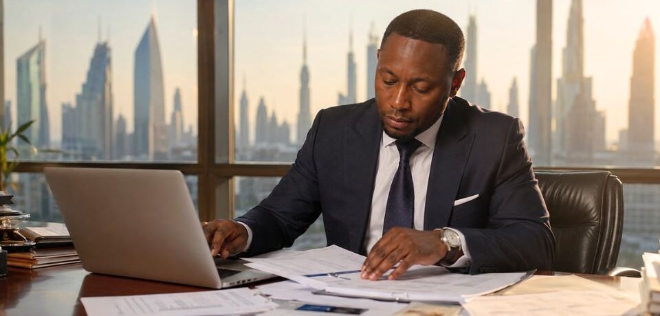 Banker reviewing bank application document A banker reviewing a UAE bank application document in 2026