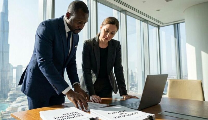 Business Structure Review and Compliance Planning in the UAE Business consultants discussing company structure, banking and corporate tax compliance strategy in the UAE