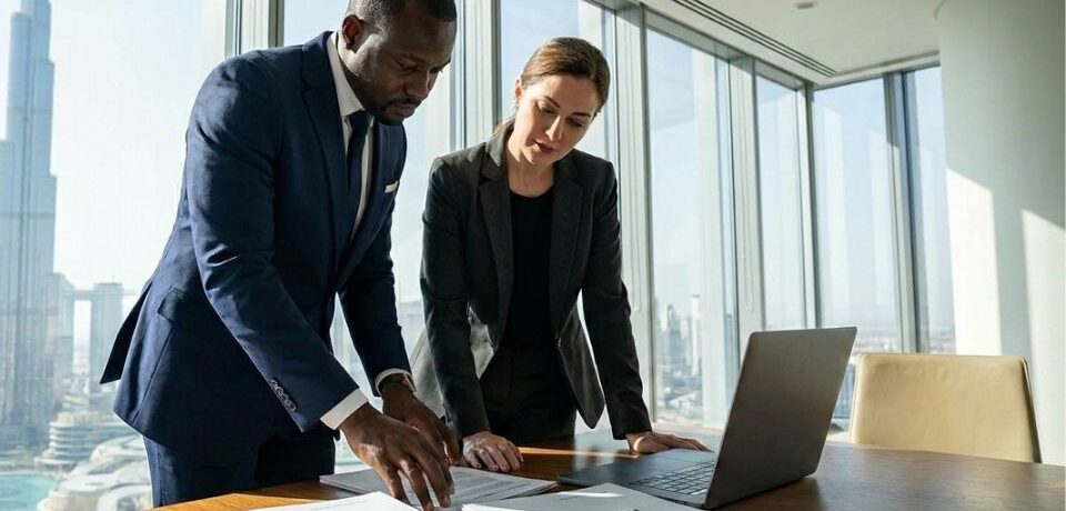 Business Structure Review and Compliance Planning in the UAE Business consultants discussing company structure, banking and corporate tax compliance strategy in the UAE