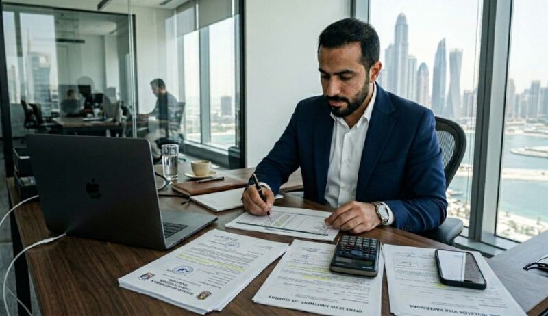 Corporate Banking Preparation for Dubai Businesses-solbz Entrepreneur reviewing business setup costs and financial planning documents before starting a business in Dubai
