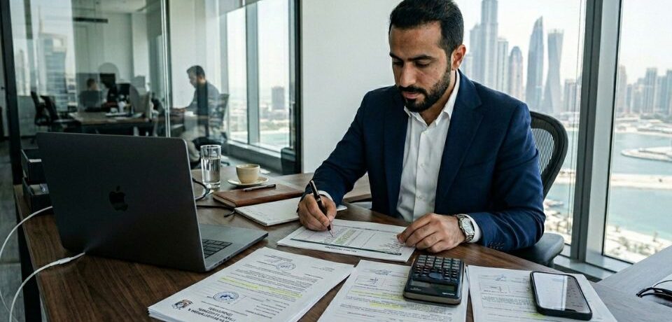 Corporate Banking Preparation for Dubai Businesses-solbz Entrepreneur reviewing business setup costs and financial planning documents before starting a business in Dubai