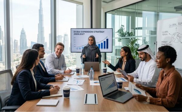 Dubai Business Expansion Planning-solbz Startup team discussing future business growth and expansion strategy in Dubai