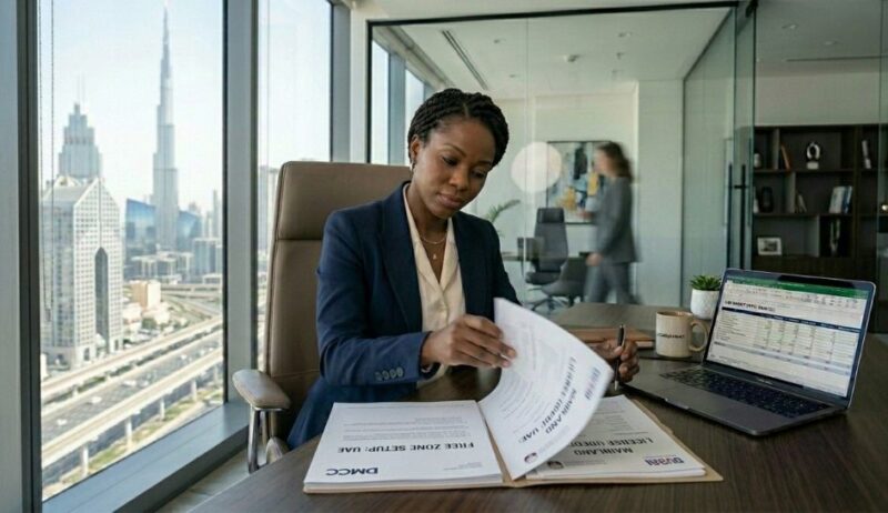Free Zone vs Mainland Company Setup UAE Entrepreneur comparing Free Zone and Mainland company setup options in the UAE while reviewing business planning documents.
