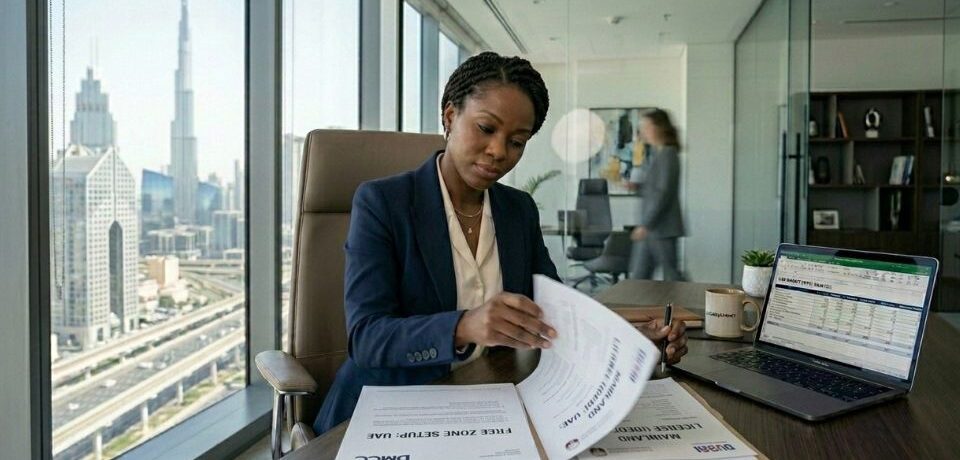 Free Zone vs Mainland Company Setup UAE Entrepreneur comparing Free Zone and Mainland company setup options in the UAE while reviewing business planning documents.