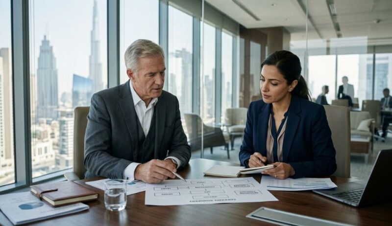 business-advisory-review-meeting-solbz a man and woman during an advisory session for business structure