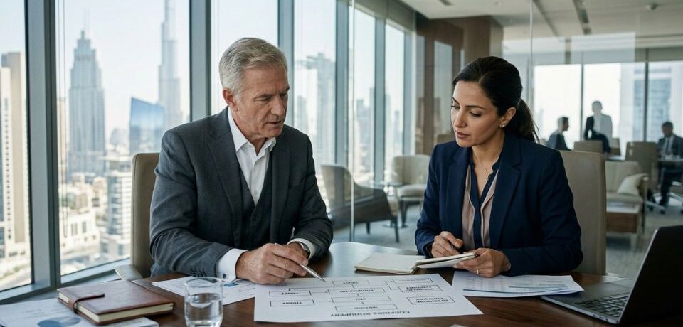 business-advisory-review-meeting-solbz a man and woman during an advisory session for business company structure UAE